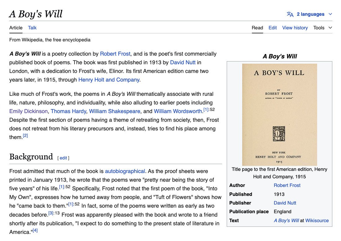 Screenshot of Wikipedia page of 'A Boy's Will'