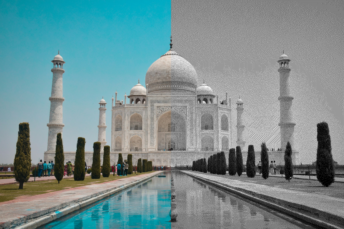 Dithered side-by-side comparison of Taj Mahal